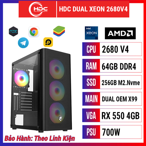 PC HDC DUAL XEON CPU 2680 V4 – RAM ECC 64GB DDR4 – SSD 256GB – MAIN X99 DUAL OEM - VGA RX 550 4GB